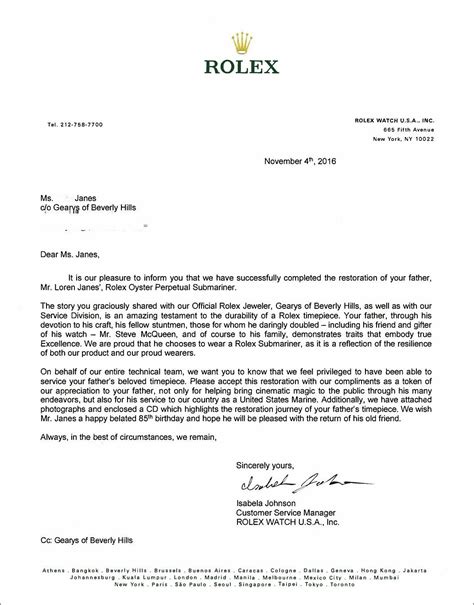 rolex customer service email